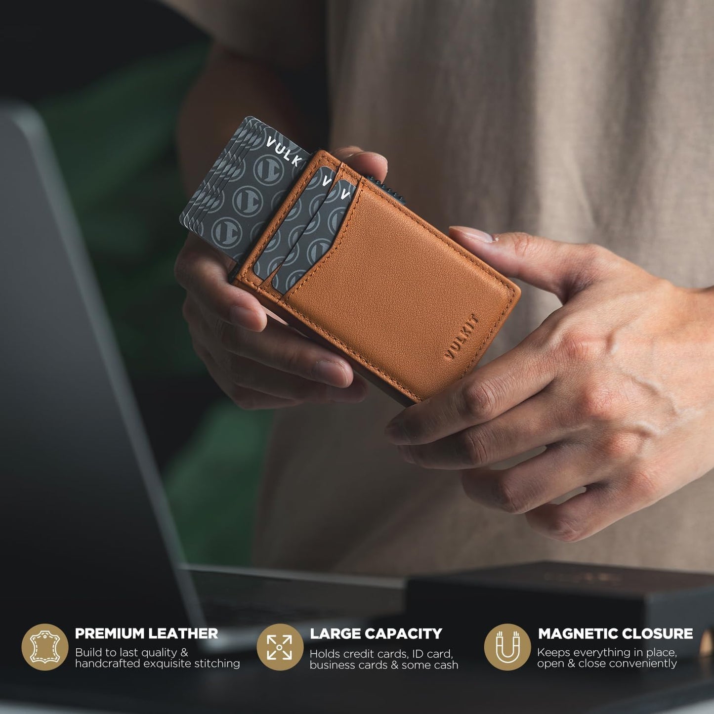 VULKIT Men's Wallet with ID Window Top Grain Leather RFID Blocking Minimalist Wallet Pop Up Card Holder Magnetic Closure