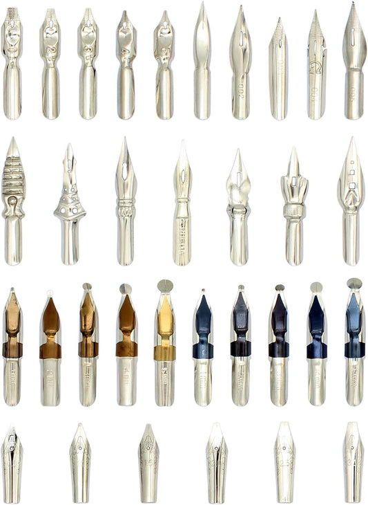 Gullor A Bunch of Nibs for Comic Dip Pen, Assorted Calligraphy Dip Pen Nibs, Various Sizes and Shapes, 33 Nibs in Box