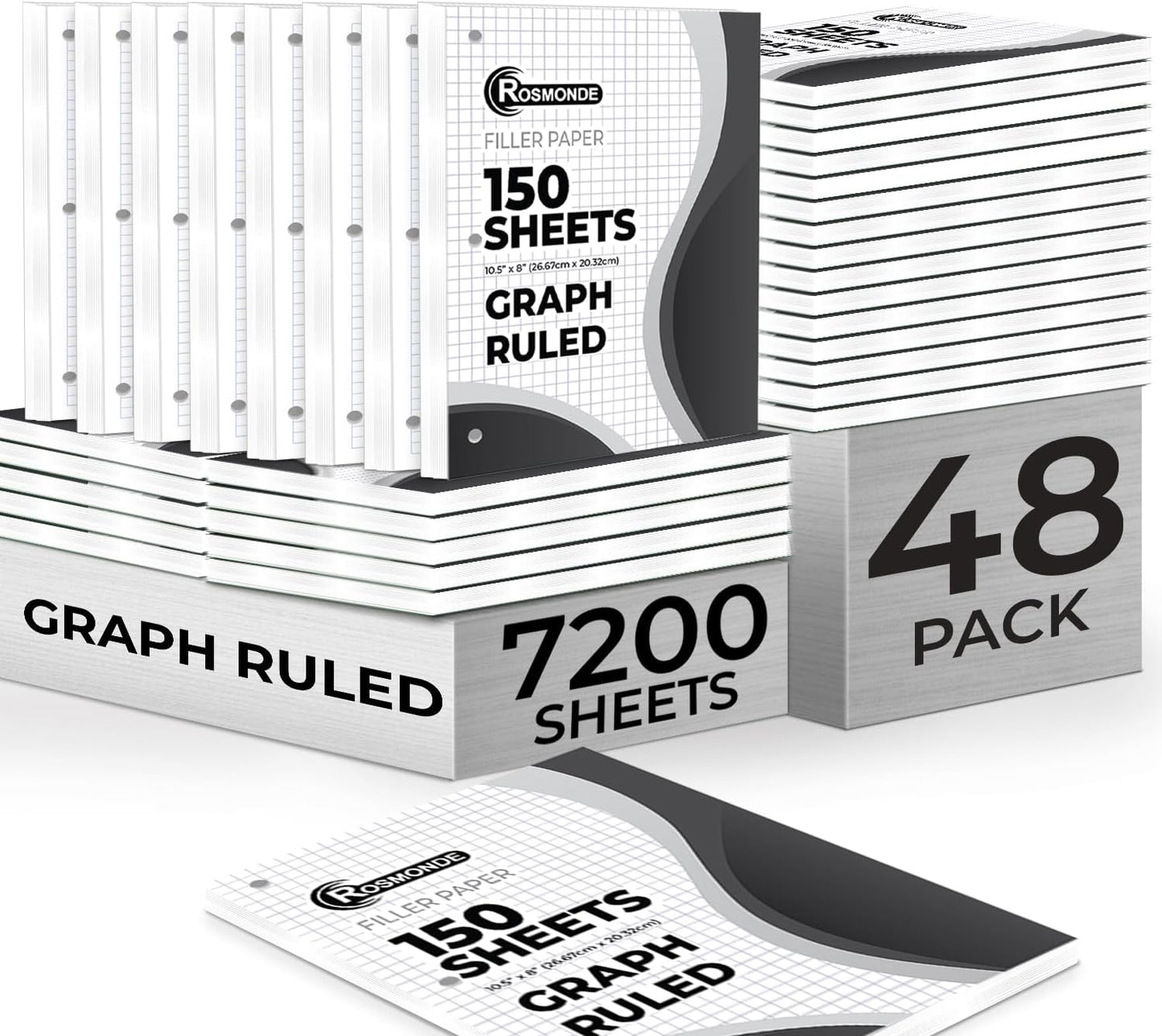 7200 Sheets Graph Paper Bulk, 48 Pack, Bulk Grid Paper, 4x4, 8" x 10.5", 3 Hole Punched, Quad Ruled Sheets, Thick Graphing Paper, Fights Ink Bleed, Bulk Loose Leaf Paper, Bulk School Supplies