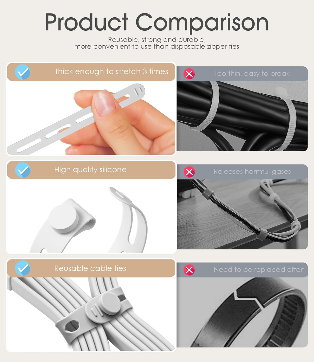 20Pcs Nearockle Silicone Cable Ties, 5.12 Inch Adjustable Cord Organizer Reusable Zip Ties for Charging Cords Earphone Computer Wire, Office Desk Cable Management Travel Accessories(White)