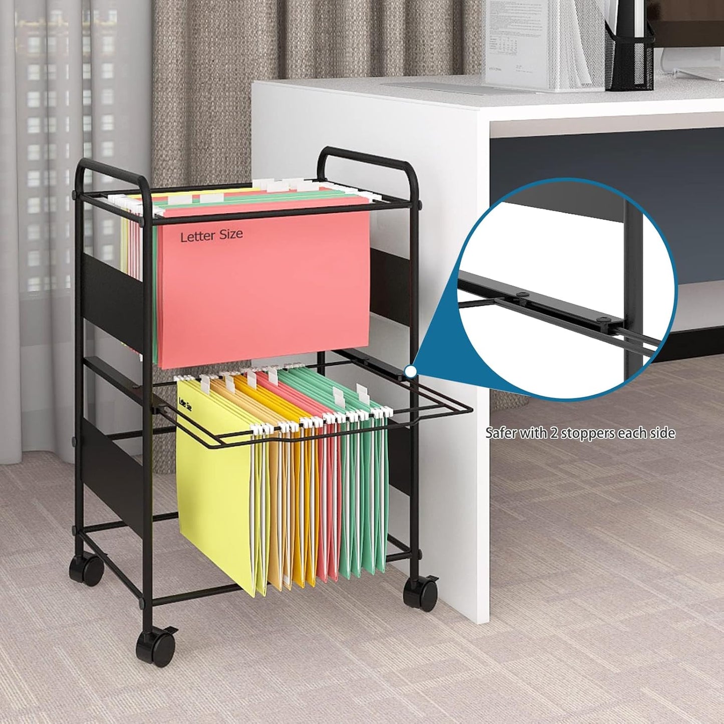 PUNCIA 2-Tier Metal Rolling File Cart with Wheels and Hanging Files for Letter Size - Movable Pull-Out Folder Rack Drawer Cabinet for Home Office