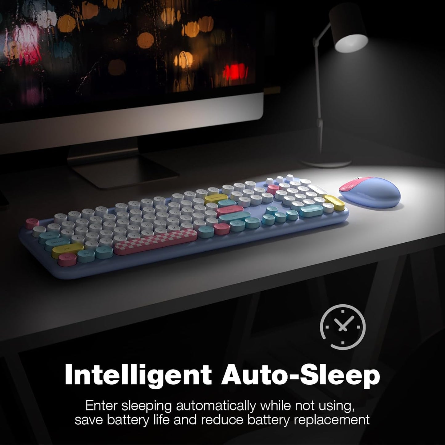 Wireless Keyboard and Mouse Combo, Full-Sized Typewriter Keyboards, Cute Cat Shaped Wireless Mouse, USB Plug and Play for Windows, Computer, PC, Laptop, Desktop (Blue Colorful)