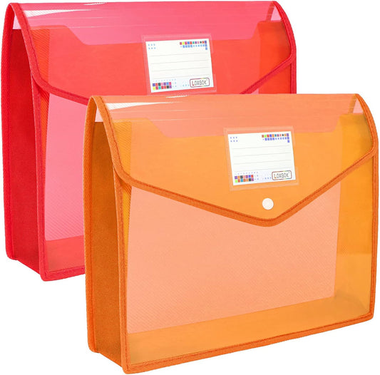 YoeeJob Plastic File Folders Legal Size 2 Pcs, Expandable Document Folder with Snap Button Closure, A4 Expanding File Wallet Envelopes Pouch with Label Pocket, Orange&Red