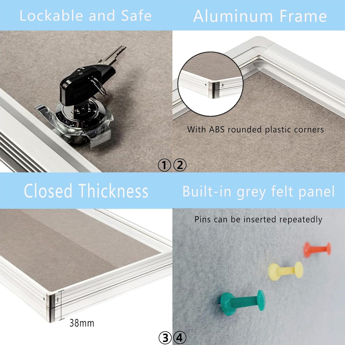 Enclosed Felt Bulletin Board 36x24 inch Lockable Cork Noticeboard Display Cases Tamperproof Notice Poster Memo Board with Aluminum Frame for Office, Classroom, Home with 2 Keys (Felt Board)