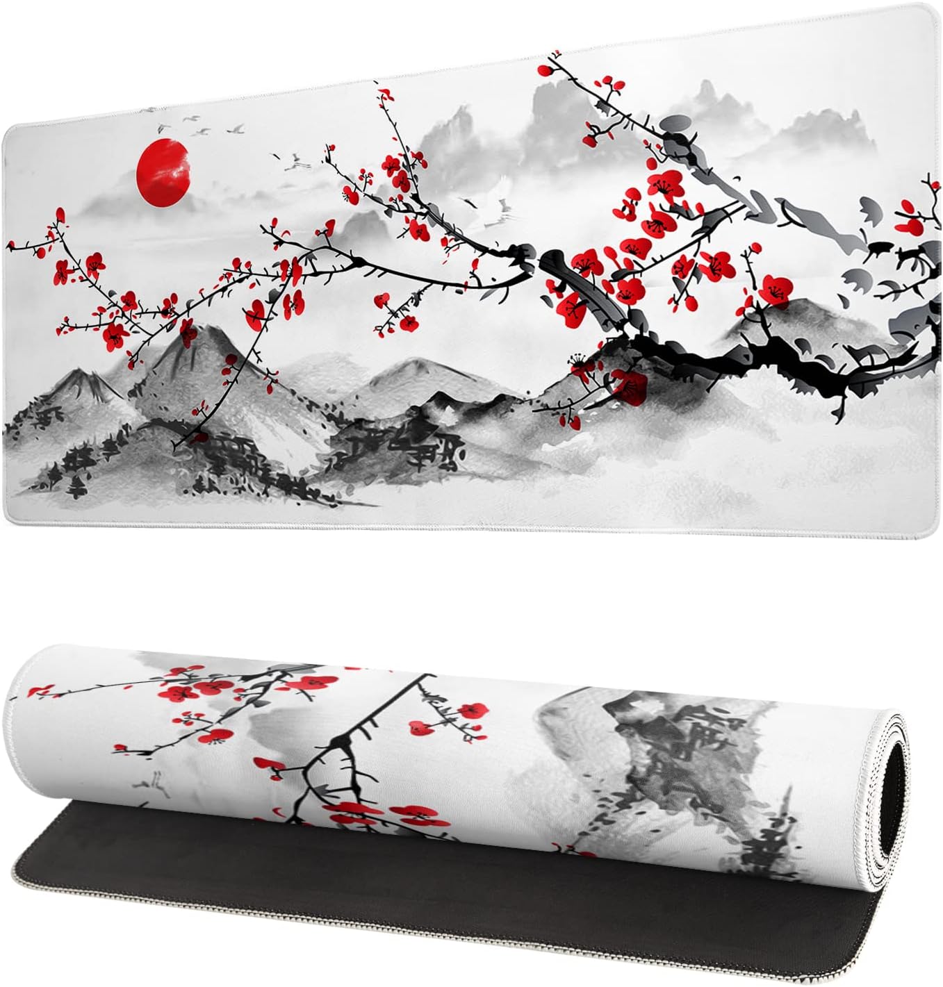 Japanese Cherry Blossom Gaming Mouse Pad 27.6x11.8 Inch Pink Full Desk Sakura Large Non-Slip Rubber Base Waterproof Big Keyboard Mat With Stitched Edges for Office