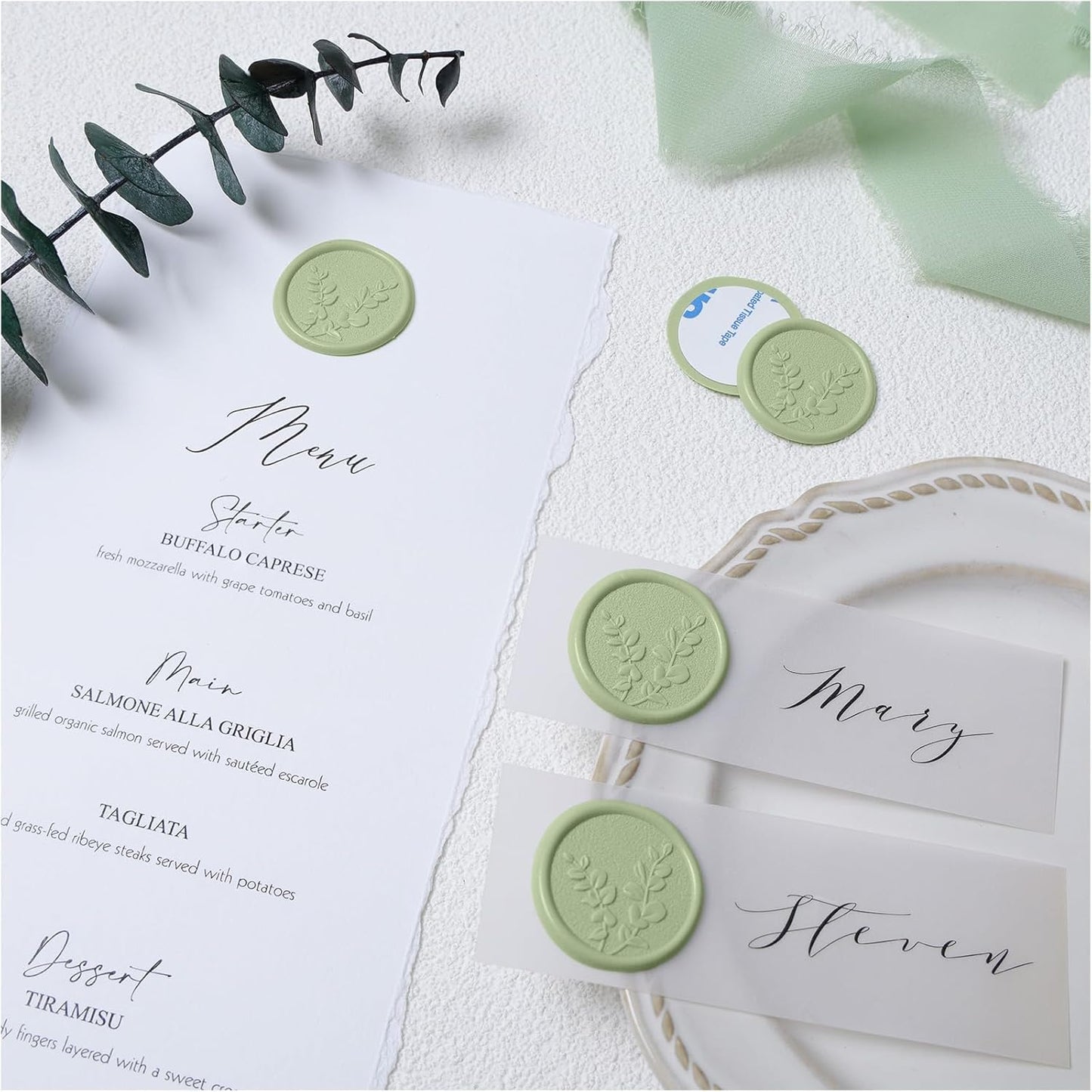 UNIQOOO Wax Seal Stickers - Eucalyptus Leaves Wedding Invitation Envelope Botanical Seal Stickers, 50 Pcs Self- Adhesive Sage Green Stickers, Perfect for Invitation, Christmas, Gift Wrapping, Party