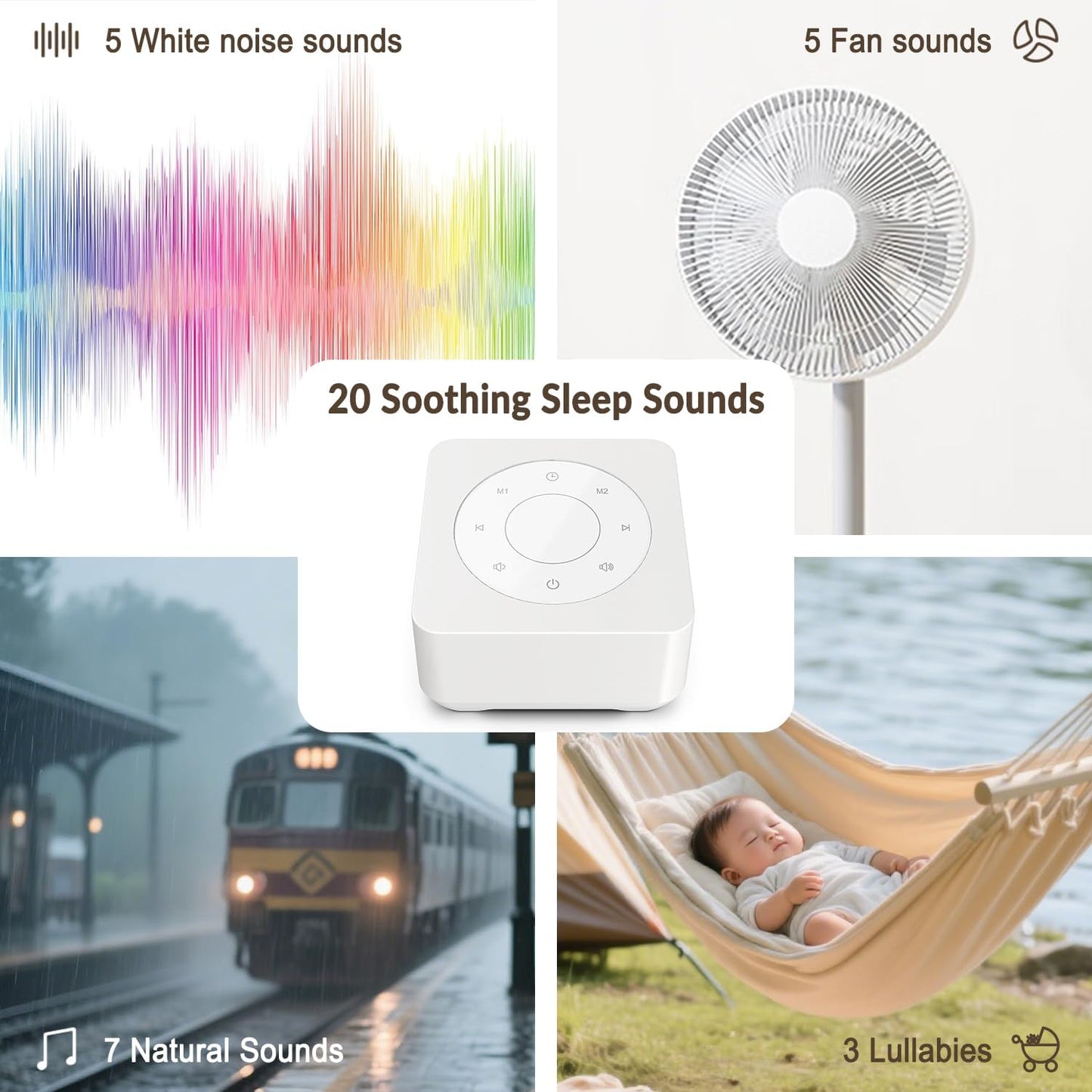 White Noise Sound Machine for Sleep 20 Soothing Sounds Noise Machine for 30 Level Volume 5 Timer Setting Favorite Setting Memory Function Touch Control Compact Portable for Adult/Baby (White)