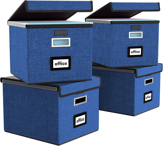Huolewa Decorative File Organizer Boxes Office Document Storage with Lids, Portable Collapsible Linen Hanging Filing & Storage Boxes for Office/Decor/Home (Royal Blue) -14.9 x 12.7 x 10.8 inch -4 Pack