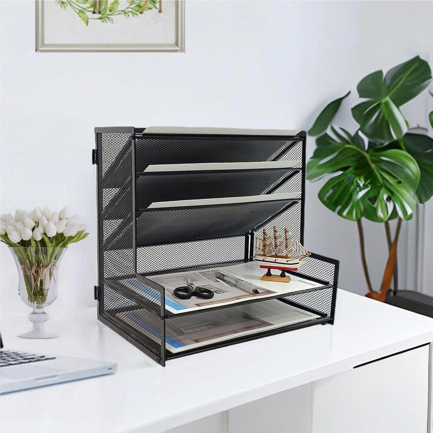 SETTFRFE Office Supplies Desk Organizer,Metal Desktop File Holder Organizer with 5 Tier Paper Tray,Black