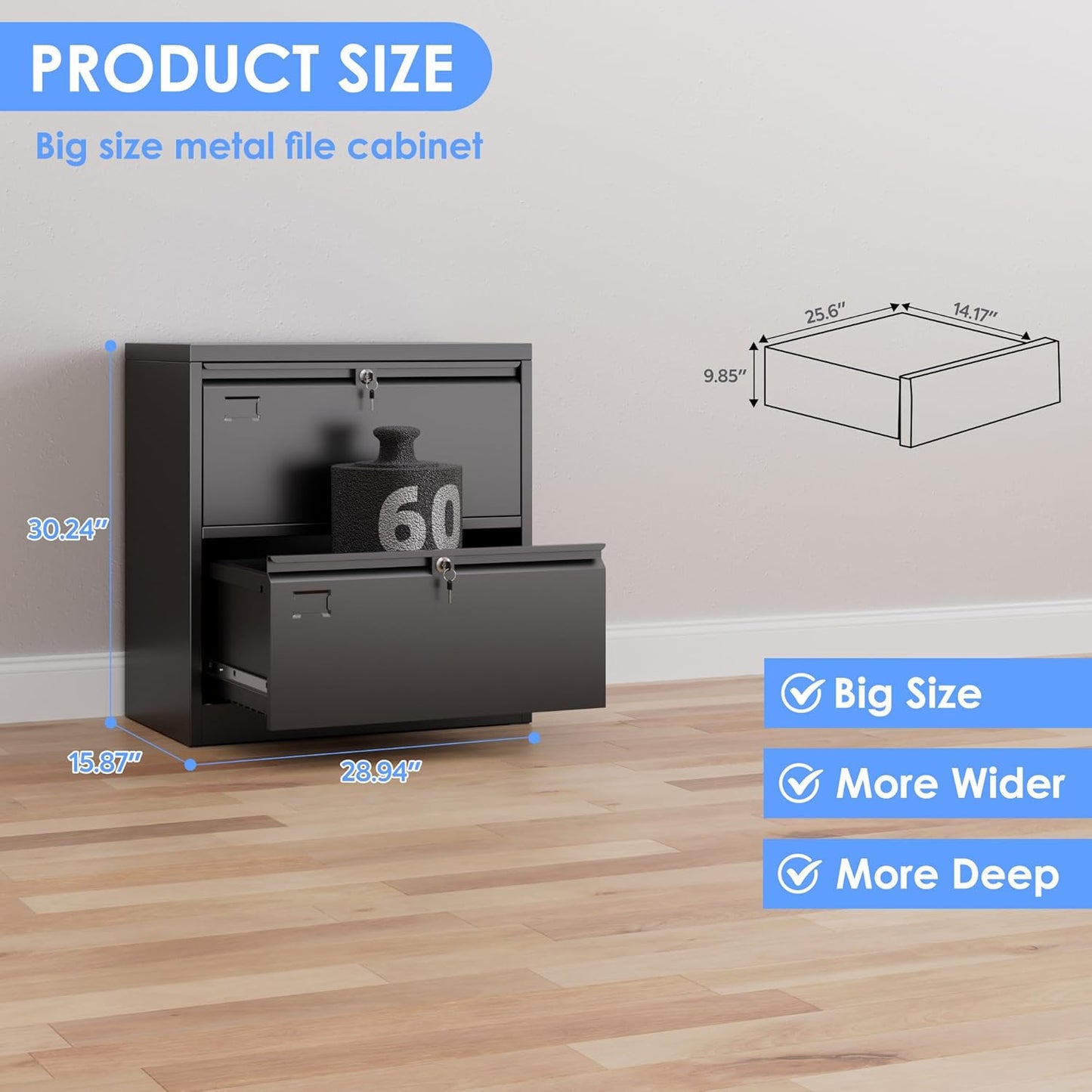 Aobabo 2 Drawer Wide Lateral File Cabinet, Metal Filing Cabinet with Lock, Suitable for Home Office School Hanging Files Letter/Legal/F4/A4 Size,Black,Required-Assembly,15.87" D x 28.94" W x 30.24" H