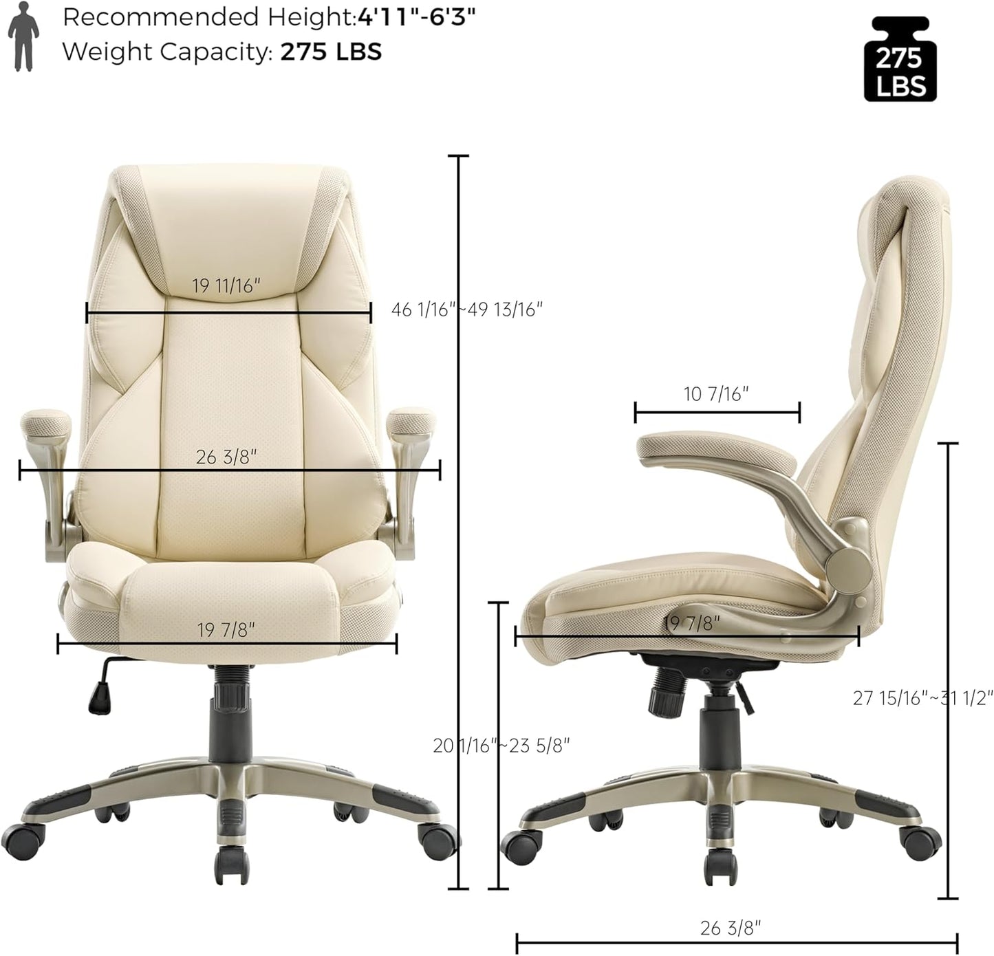 EUREKA ERGONOMIC Executive Office Chair Flip Up Arm Rest, Ergonomic Desk Chair Faux Leather Computer Chair, High Back Office Chair with Headrest, Home Office Desk Chairs with Wheels, Beige