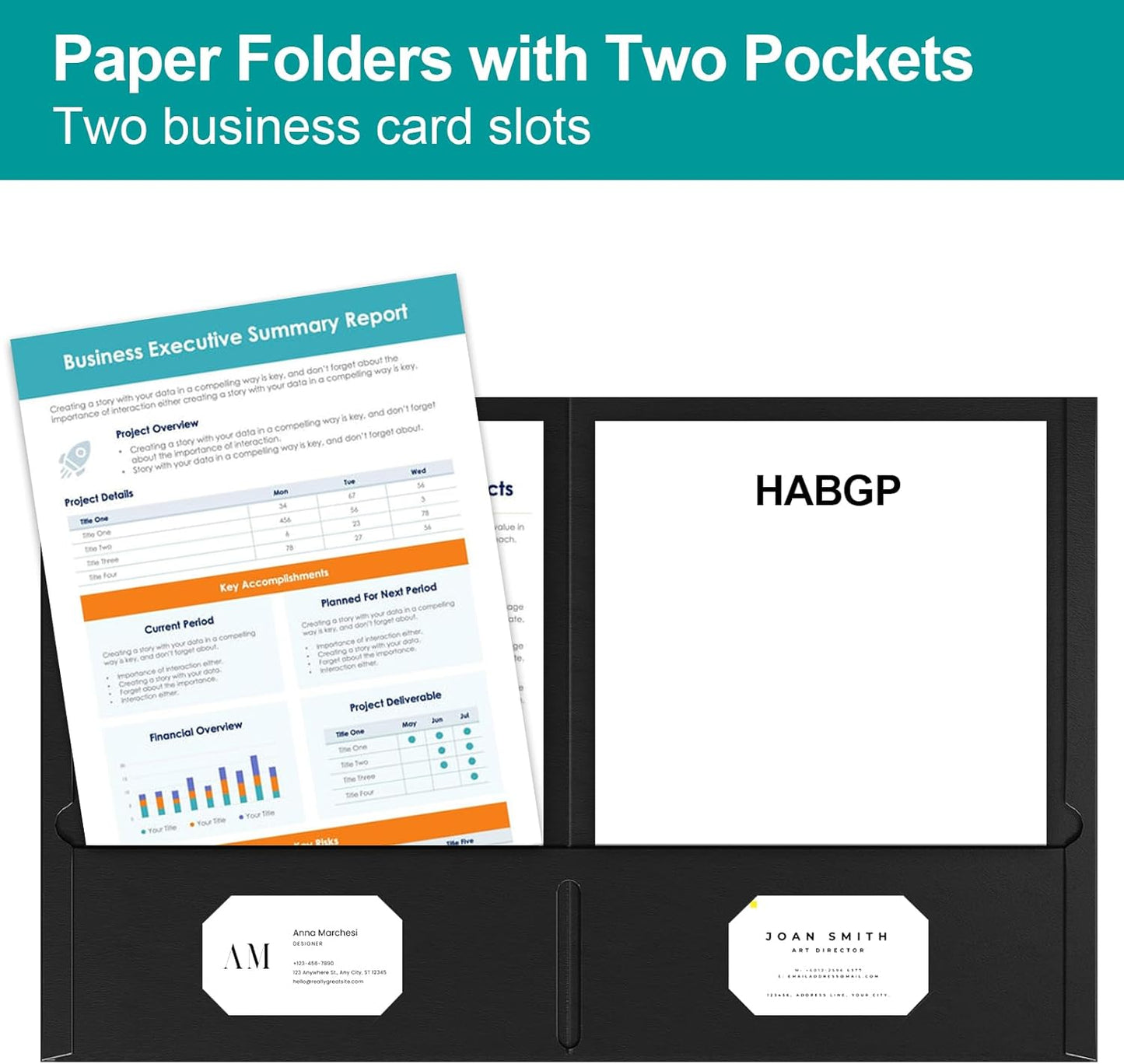 HABGP Two Pocket Folders, 50 Pack 2 Pocket Folders Fit Letter Size Paper, Black Paper File Folders with Pockets for School Office Home Business