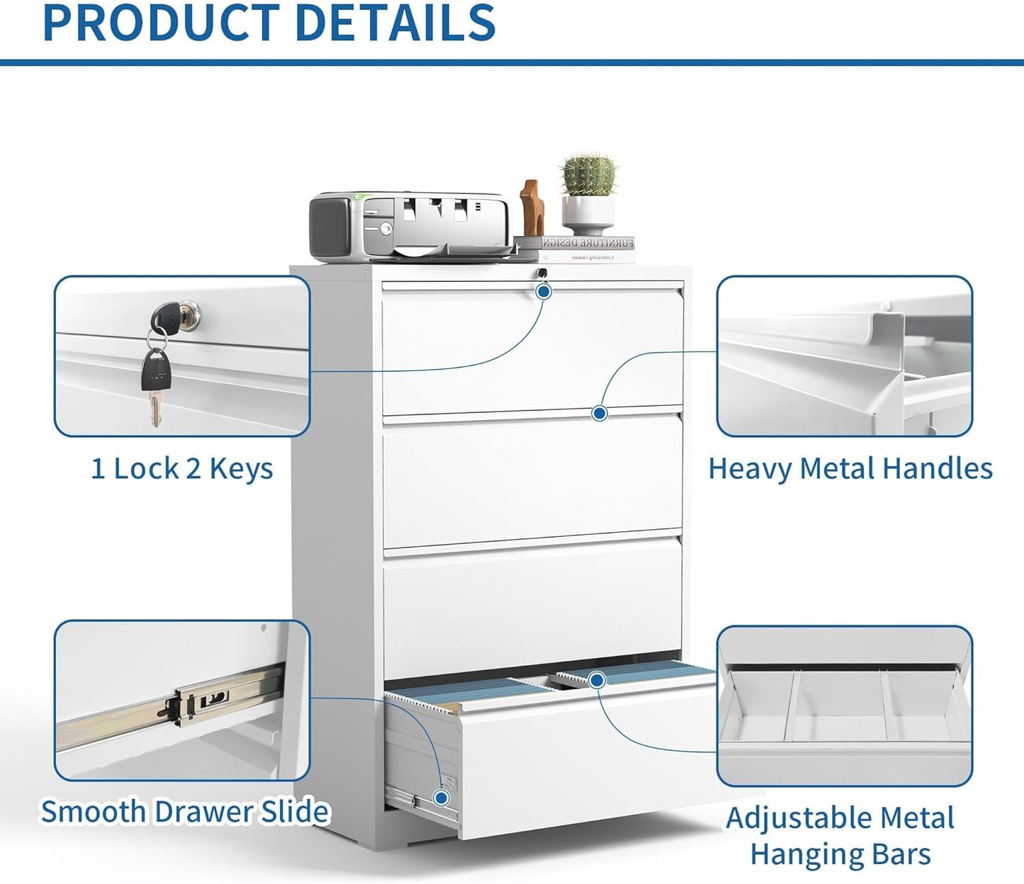 Lateral File Cabinet 4 Drawer, Metal File Cabinets for Home Office Legal/Letter A4 Size, File Cabinet with 4 Lock, Require Assembly, White