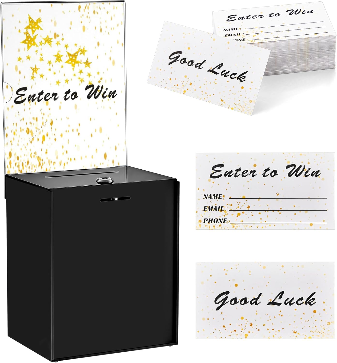 Teling Tall Acrylic Donation Box with Lock and Sign Plate Safe Suggestion Box with 100pcs Raffle Tickets Cards for Raffle, Money, Voting, Charity, Suggestion (Black)