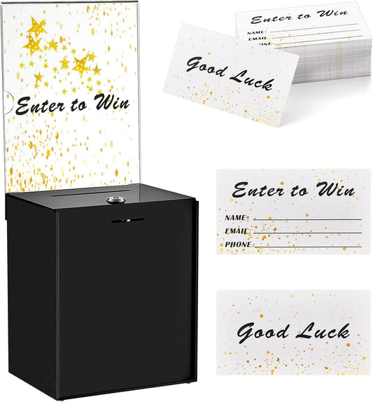 Teling Tall Acrylic Donation Box with Lock and Sign Plate Safe Suggestion Box with 100pcs Raffle Tickets Cards for Raffle, Money, Voting, Charity, Suggestion (Black)