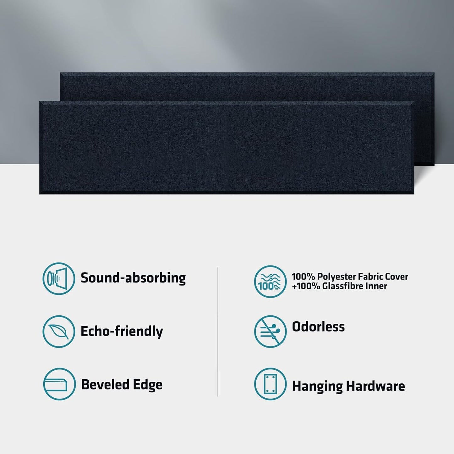 2” Thick Acoustic Panels with Hanging Brackets to the Wall, 2 PCS 47.2” x 11.8” Fiberglass Sound Absorbing Panels for Home Theater Church Office Wall or Ceiling, Navy Blue