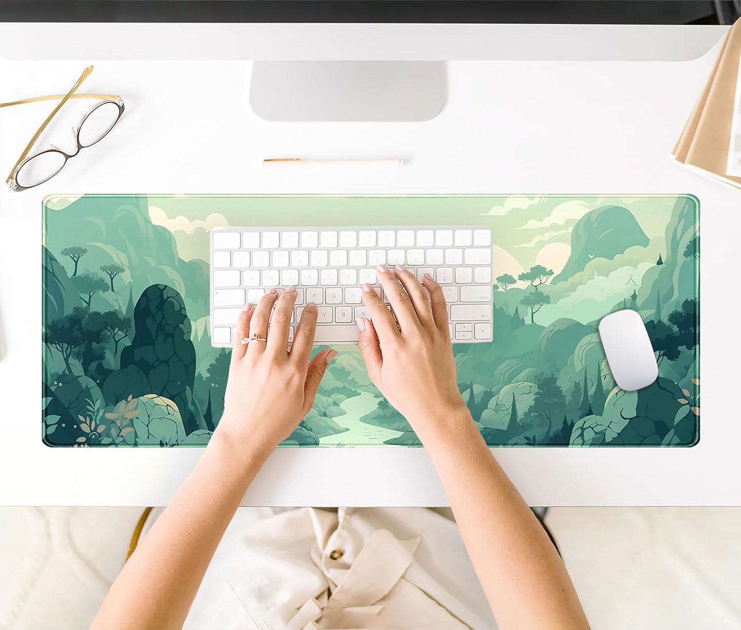 Cute Pastel Mint Green Forest Sage Desk Mat Anime Large Gaming Mouse Pad XL, Aesthetic Sunrise Laptop Computer Keyboard Mouse Mat, Women Office Desk Decor Cover Mat with Stitched Edges 31.5"x11.8"
