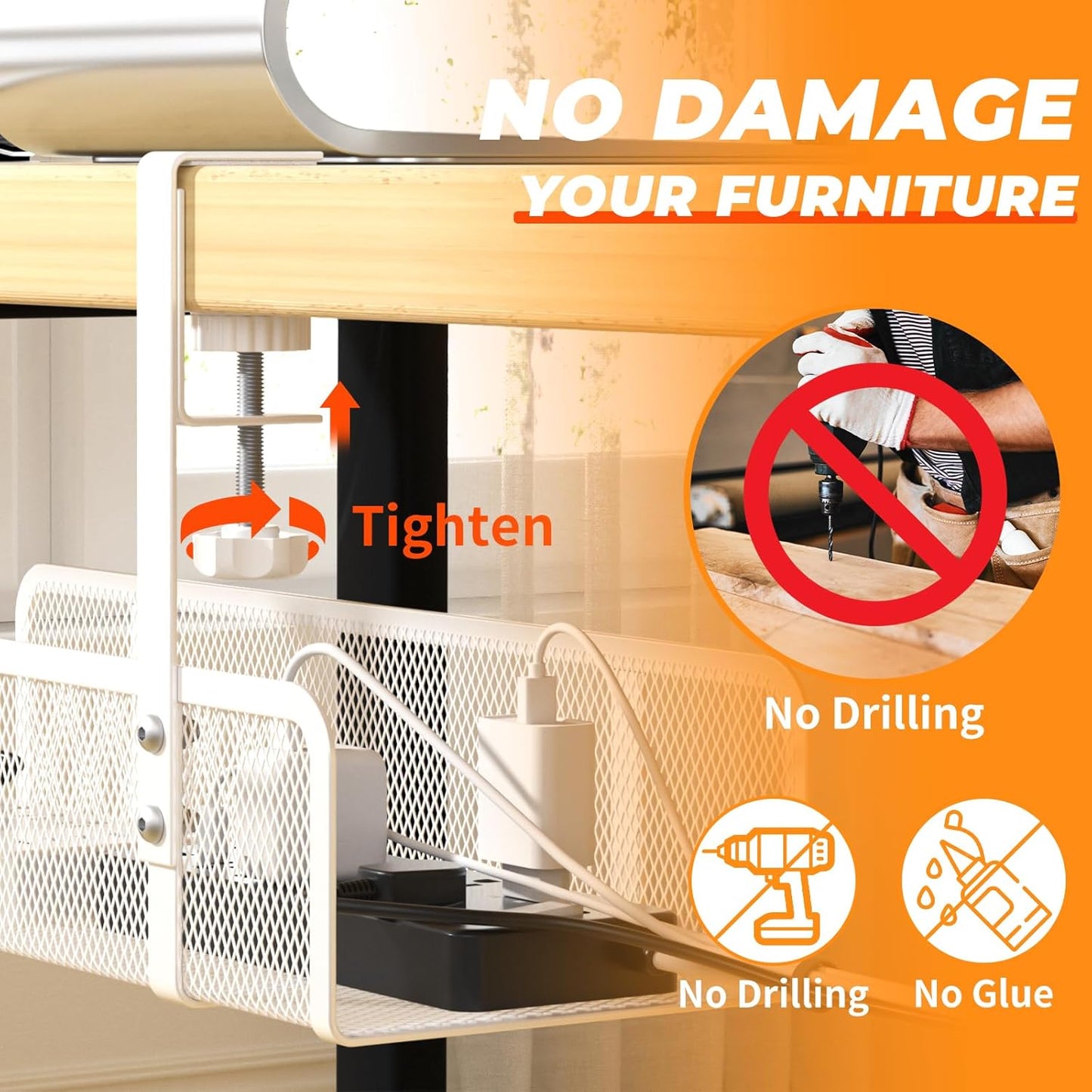 Under Desk Cable Tray - Wire Management Organizer Box, Cord Raceways for Office, Home - No Damage, No Drill