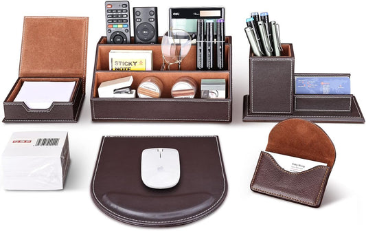KINGFOM T31-6PCS/SET Office Desktop Decor Organizer Supplies Set PU Leather Remote Control Collection Holder, Pencil Holder Box, Business Card Holder, Mouse Pad, Sticky Notes Paper and Dispenser