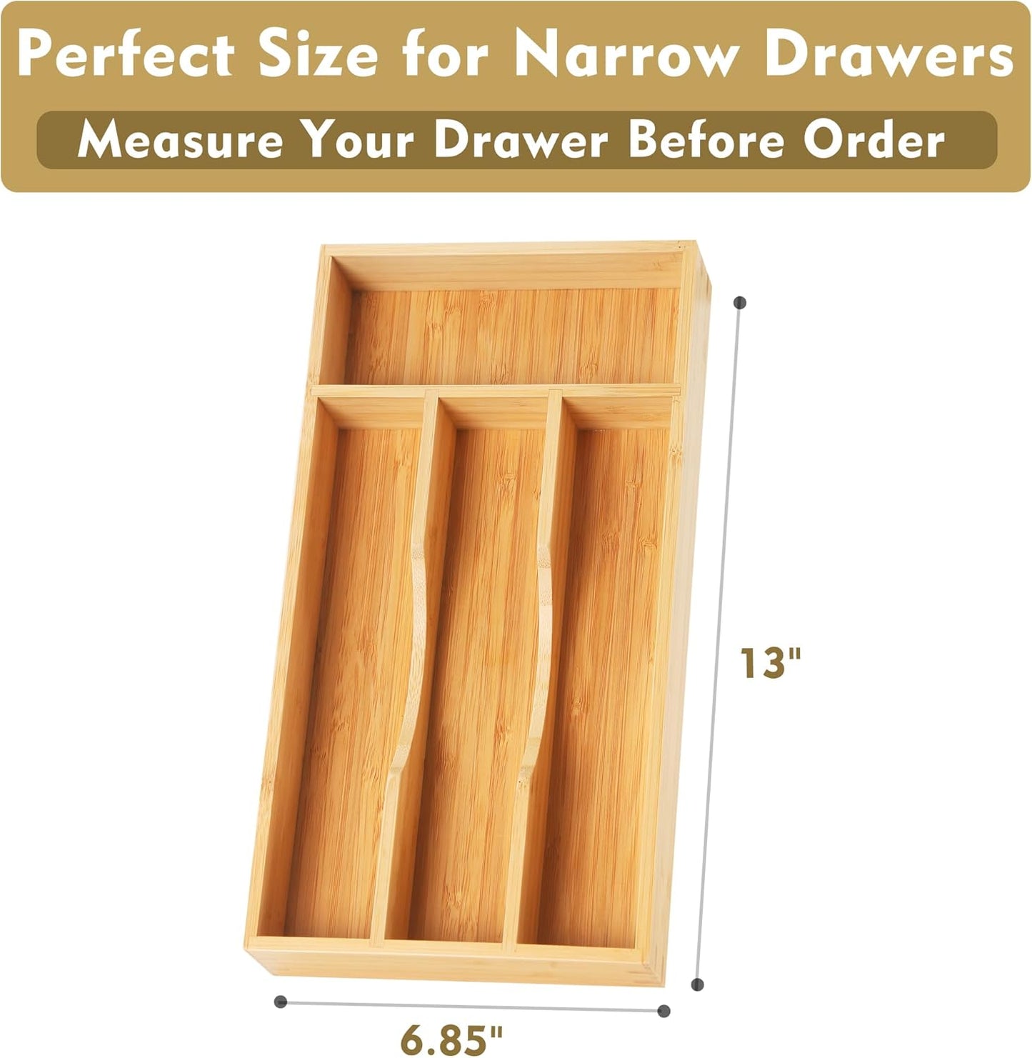 Bamboo Kitchen Drawer Organizer, 7 Inch Silverware Utensil Holder for Small Drawer, Wood Silverware Organizer for Cutlery