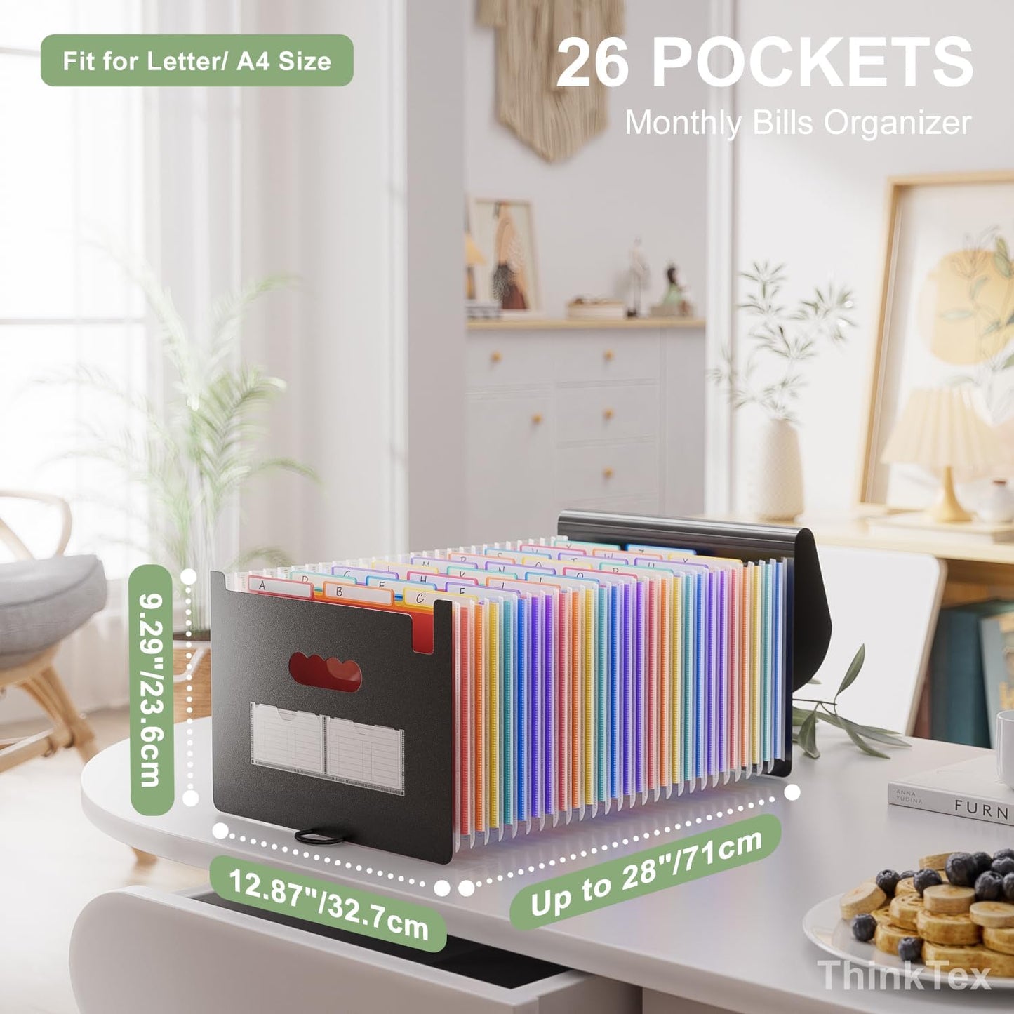 26 Pockets Accordion File Folder Organizer, Expanding Filing Box A4 Letter Size Expandable File Folders, Plastic Accordion Document Paper Coupon Bill Receipt Organizer with 3 A-Z Alphabet Colored Tabs