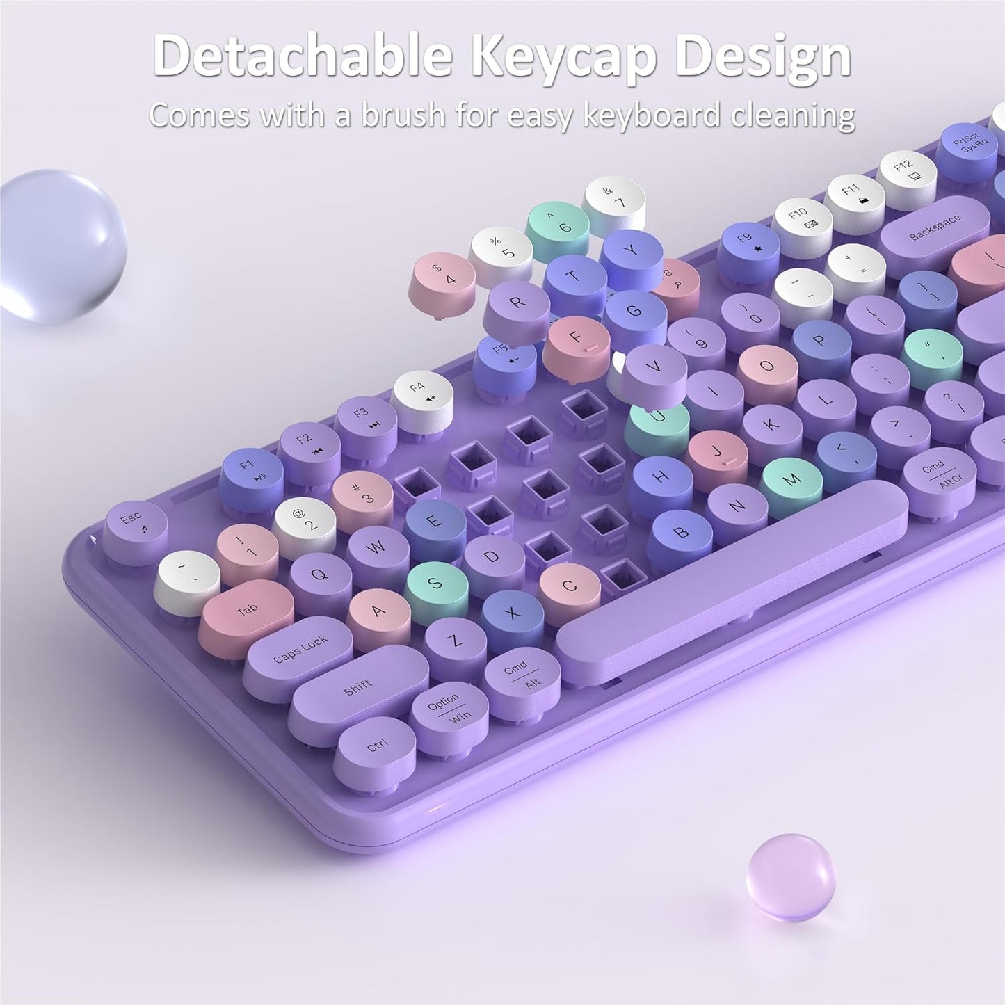 Wireless Keyboard and Mouse, Full-Size Retro Typewriter Keyboard with Round Keycaps, 2.4GHz for Windows, Mac, Laptop, PC, Desktop (Purple Colorful)