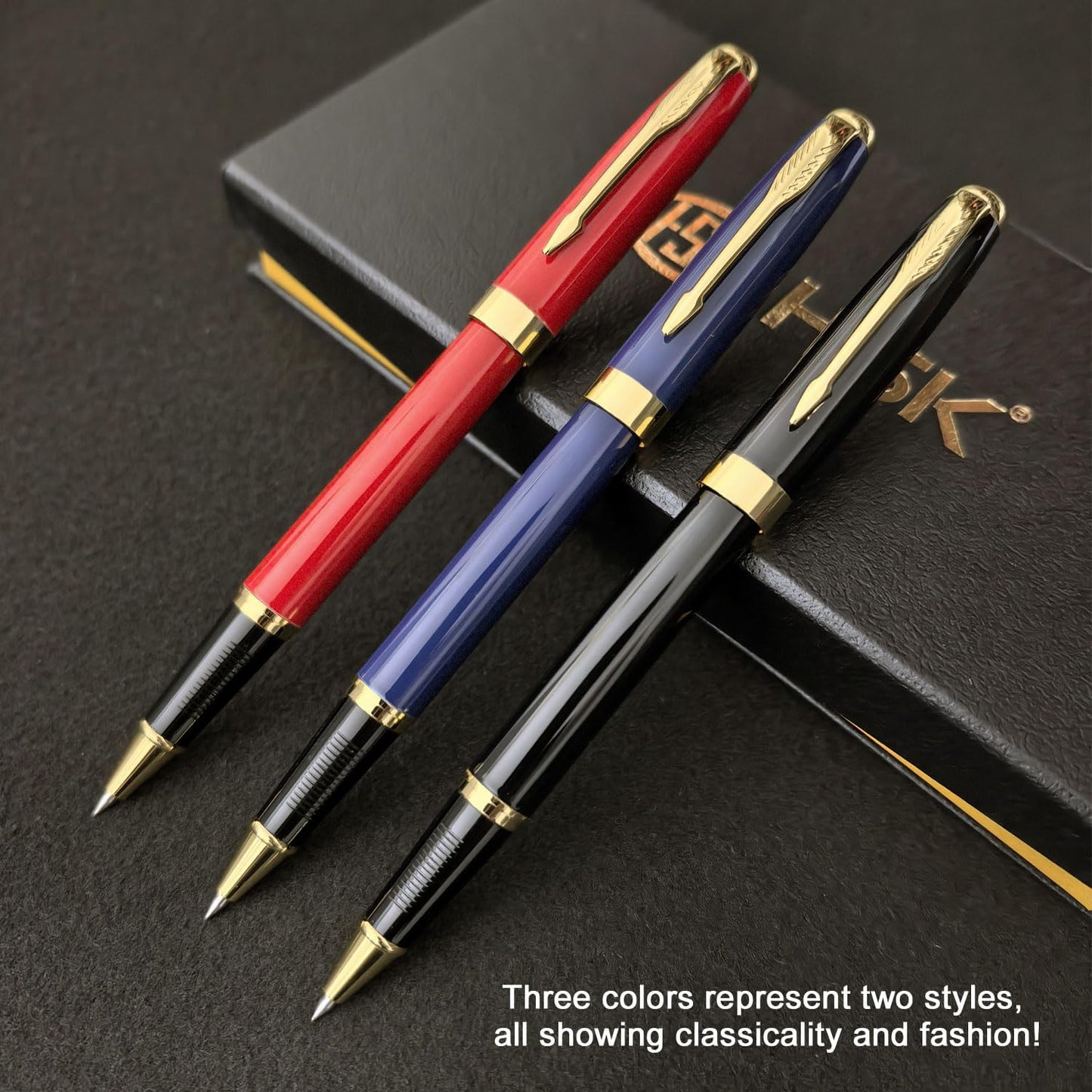HSK Ballpoint Pens Executive Fountain Pen with Gold Trim, Gift Box Set, Available in Black, Red, Navy Blue,Black Refill Line width 0.5mm (Blue)
