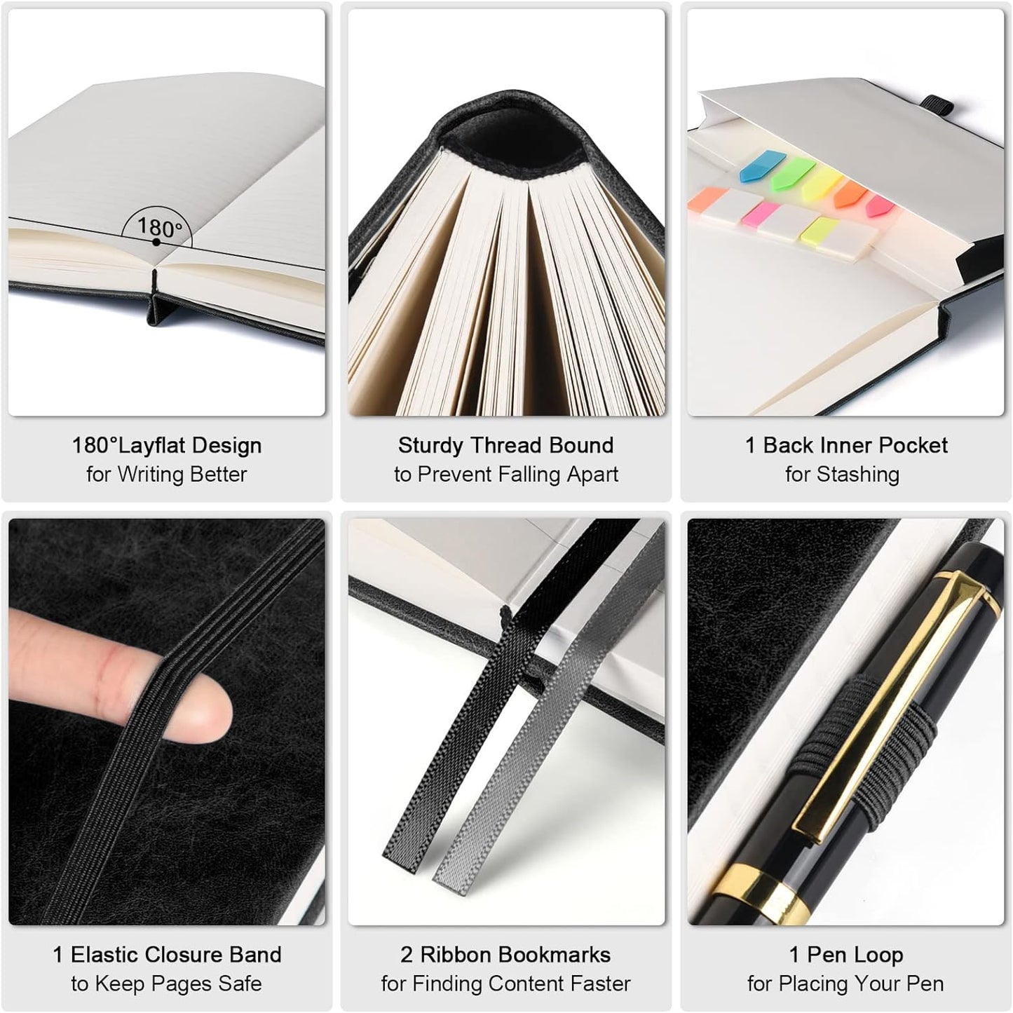 Lined Journal Notebook, Large A5 College Ruled Notebook, 312 Numbered Pages Work Notebook with Index Stickers, 100gsm Thick Paper, Hardcover Vegan Leather Journal for Women Men School Office, Black