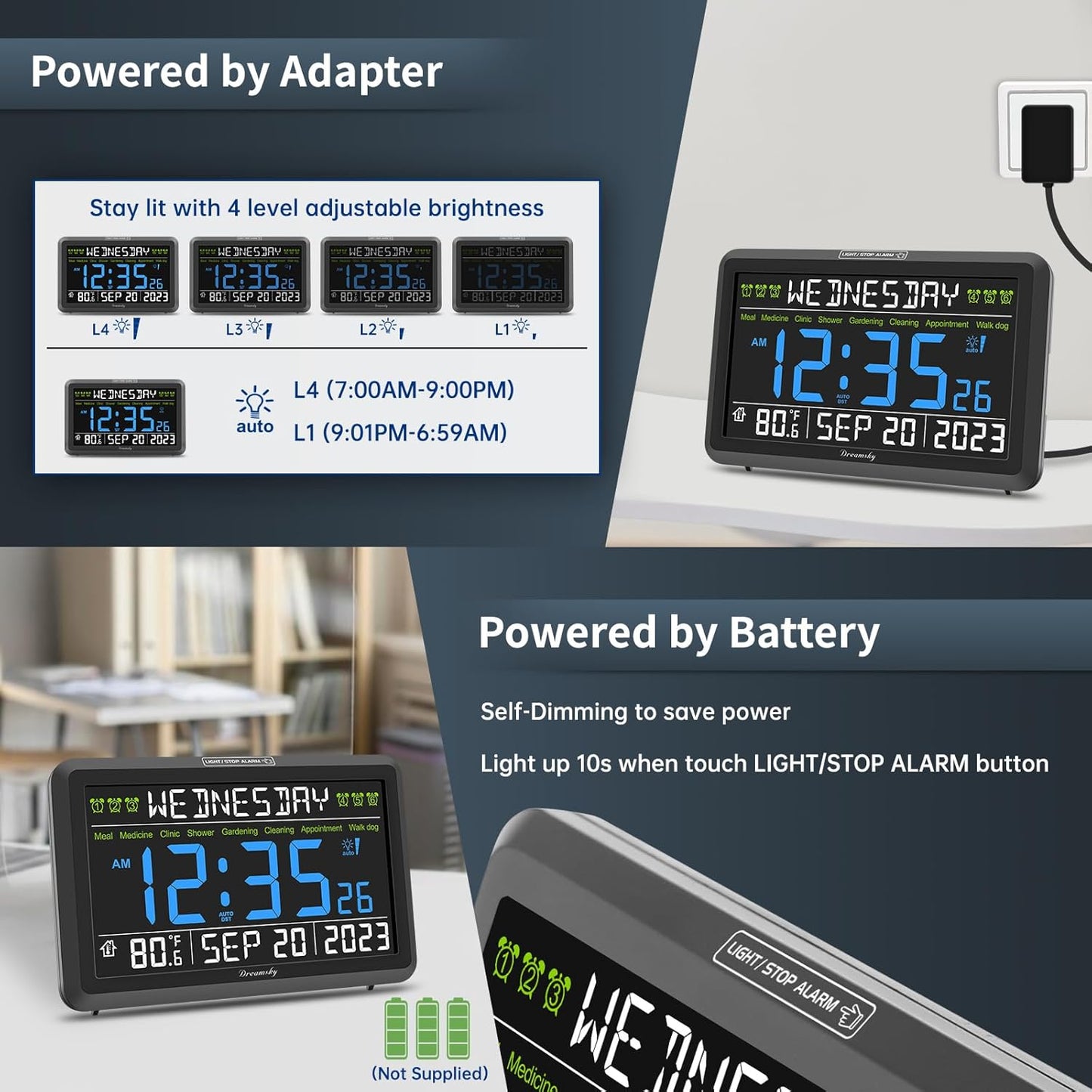 DreamSky Digital Clock with Date and Day of Week - Large Calendar Clock for Seniors Elderly, Loud Alarm Clock for Bedroom Desk, Backlight Dimmer, Adjustable Volume, USB Port, Auto DST, Battery Backup