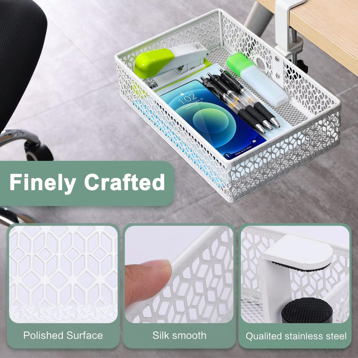 OSYLINE Heavy Duty Clamp On Under Desk Drawer Organizer Storage Tray Basket with Non-Slip Pad Hanging Mount for Home Office Studio Bedroom or Dorm (white)