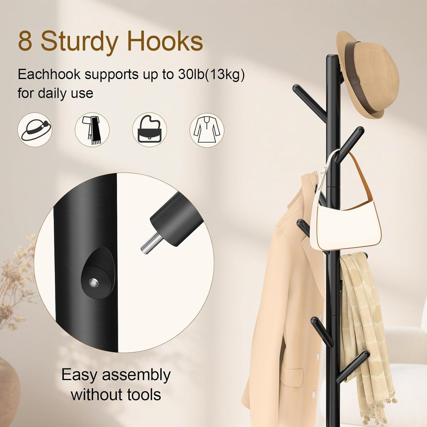 Coat Rack Freestanding with Stable Square Base for Cloathes, Hat, Used in Bedroom, Office and Entryway, Sturdy and Easy Assembly Coat Tree with 3 Adjustable Sizes and 8 Hooks, Black