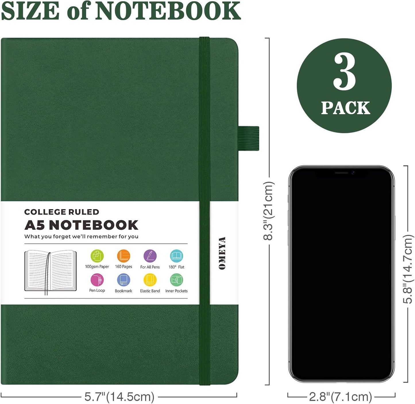 Lined Journal Notebook, 3 Pack A5 College Ruled Notebooks for Work, Hardcover Notebook Each with 2 Pockets & Pen, Leather Journal for Women, Men, 160 Pages, 100GSM Thick Paper ( Green 5.7" x 8.3" )
