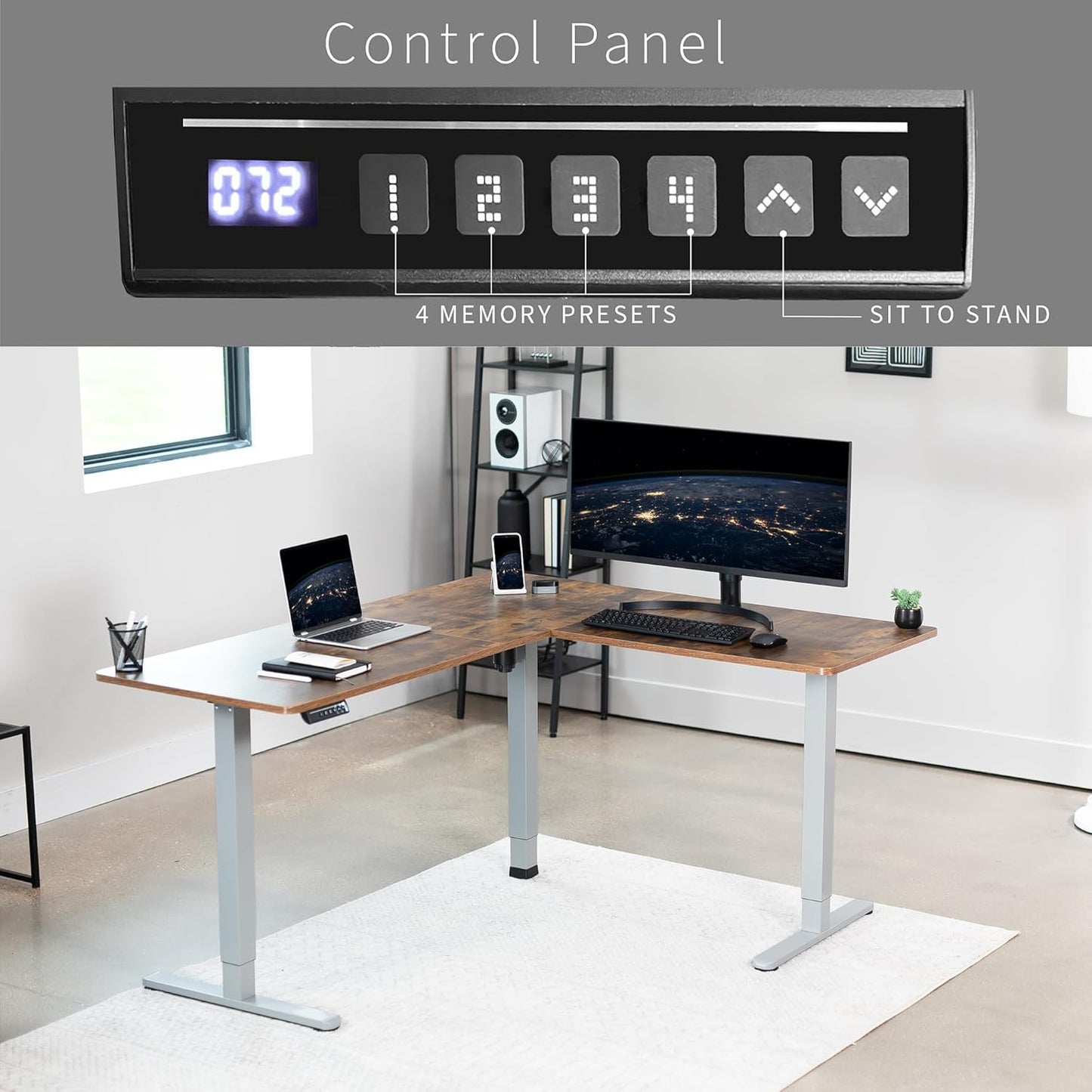 VIVO Electric Corner L-Shaped 63 x 55 in Rustic Standing Desk, Memory Height Adjustment, Vintage Brown Top Gray Frame, DESK-E3CTGN