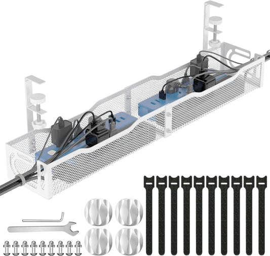 Under Desk Cable Management Tray, No Drill Steel Desk Cable Organizers, Wire Management Tray Cable Management Rack (24.4" Length-White)