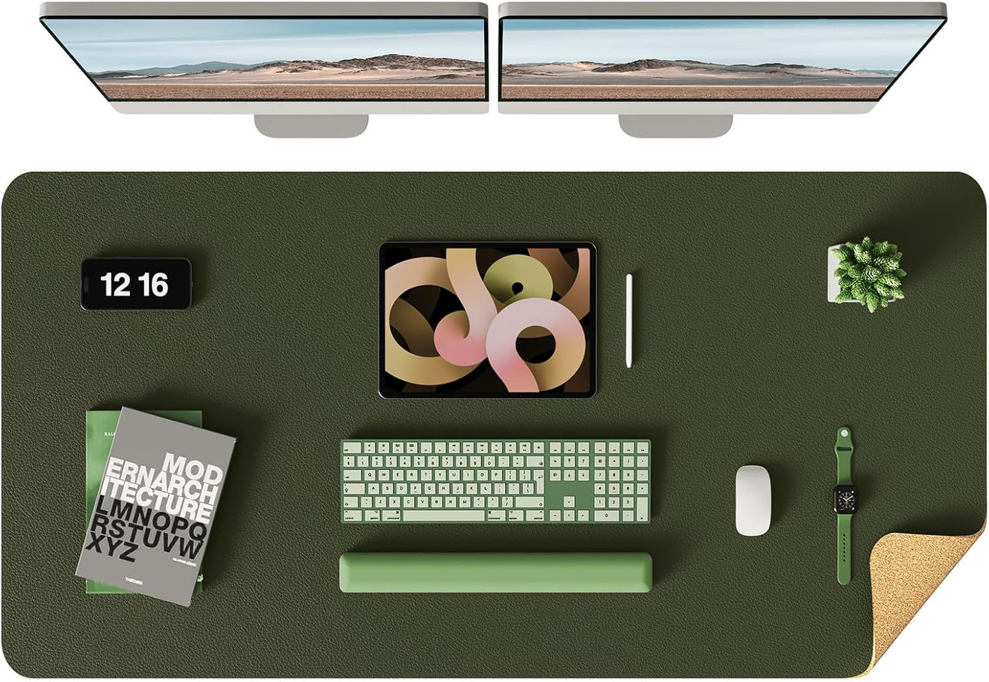 YSAGi Double-Sided Desk Pad, Leather Desk Mat, Eco Cork Desk Pad Protector, Large Mouse Pad for Desk, Waterproof Desk Blotter Pad, Desk Writing Pad(Dark Green, 47.2" x 23.6")