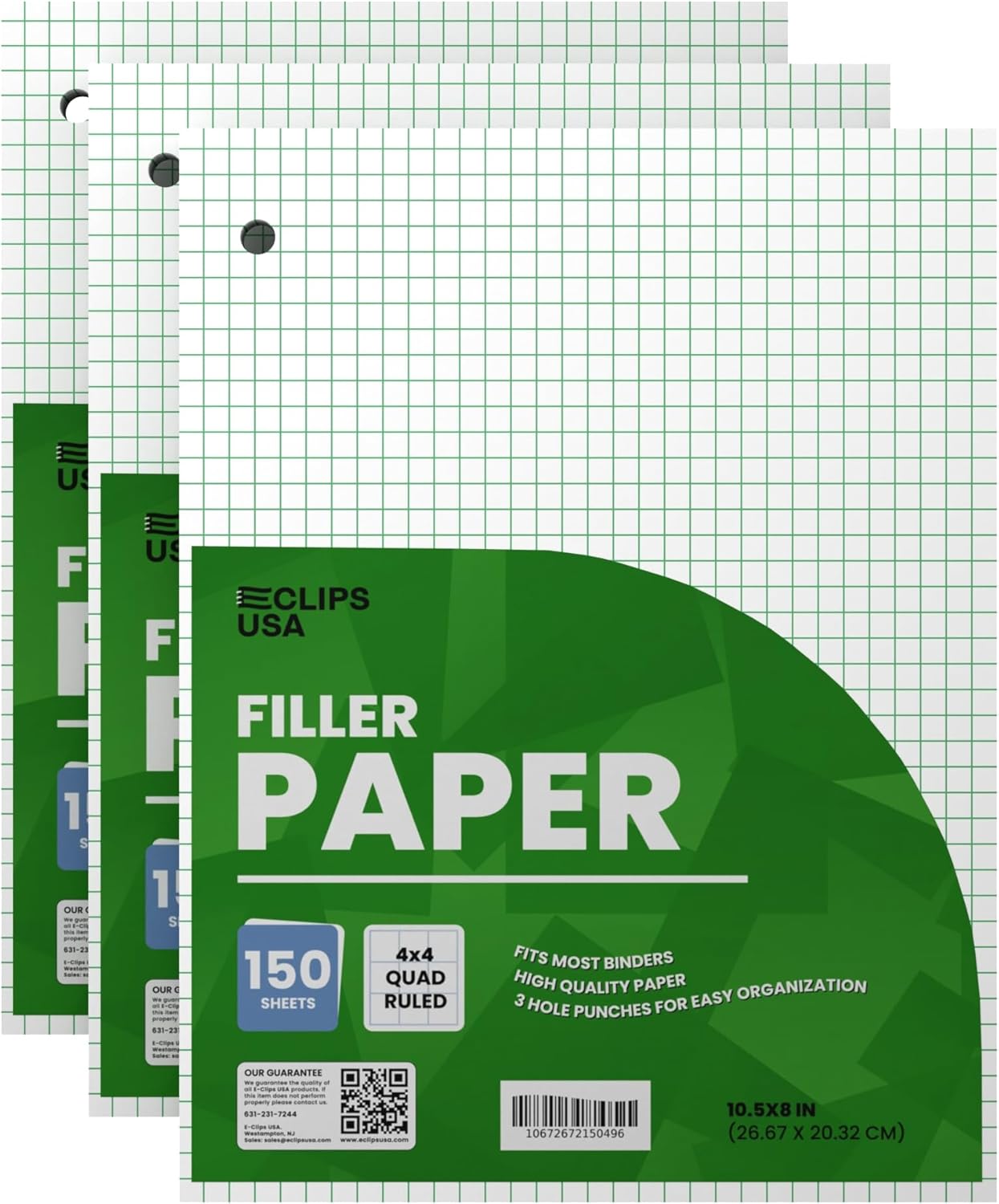 Graph Paper, Loose Leaf Graph Paper, 4 x 4 Squares Per Inch Quad Ruled Graph Paper, 10.5” x 8” Graphing Paper, 56 gsm, 150 Per Pack, 450 Sheets (3 Pack)