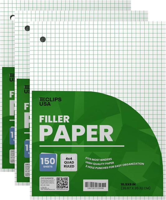 Graph Paper, Loose Leaf Graph Paper, 4 x 4 Squares Per Inch Quad Ruled Graph Paper, 10.5” x 8” Graphing Paper, 56 gsm, 150 Per Pack, 450 Sheets (3 Pack)