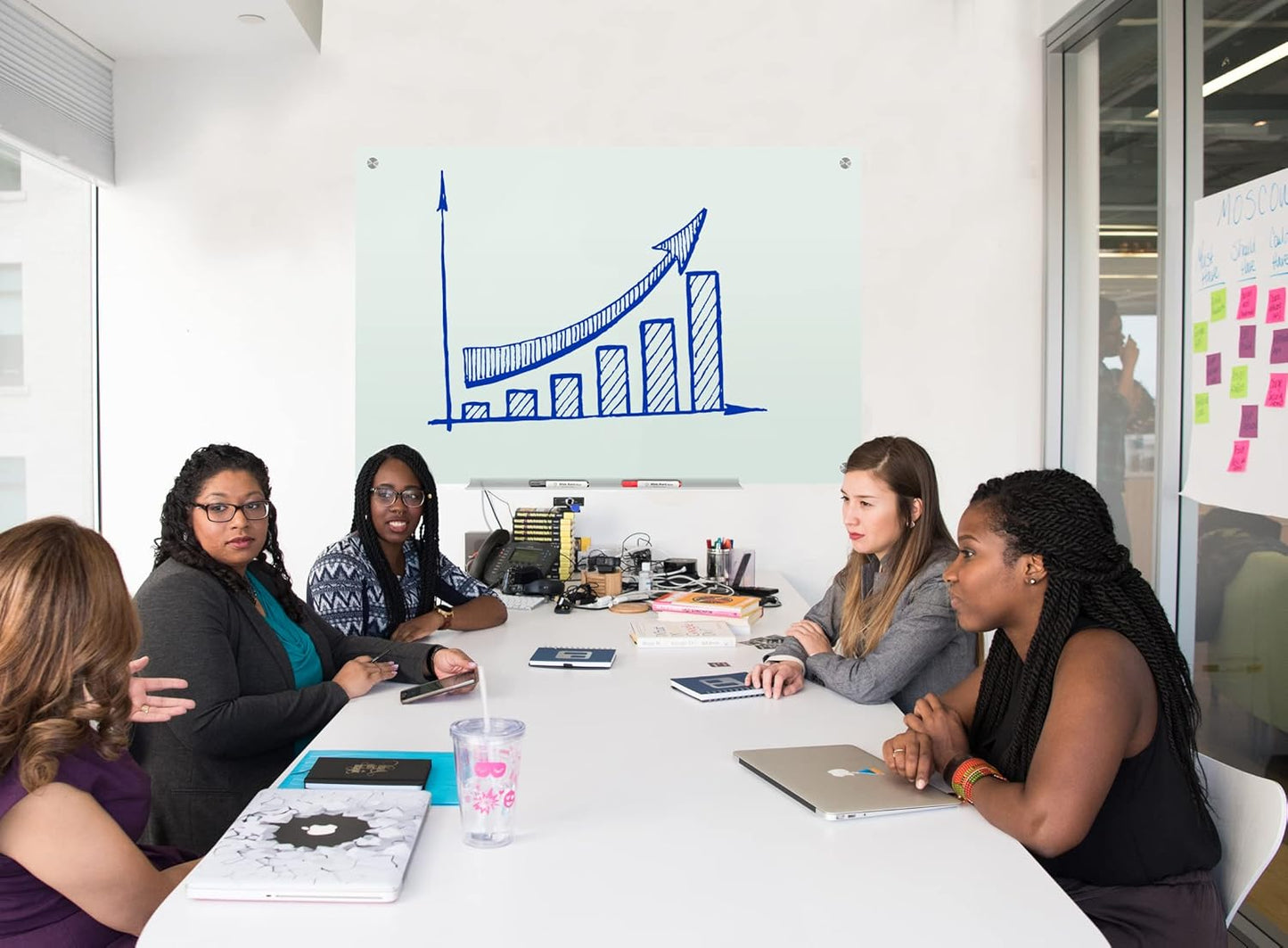 J&J worldwide Glass Whiteboard 47 x 35, Frosted Glass Dry Erase Board Non-Magnetic, Semi-Transparent, Includes Markers, Marker Tray, Eraser for Wall, Office, Home, School