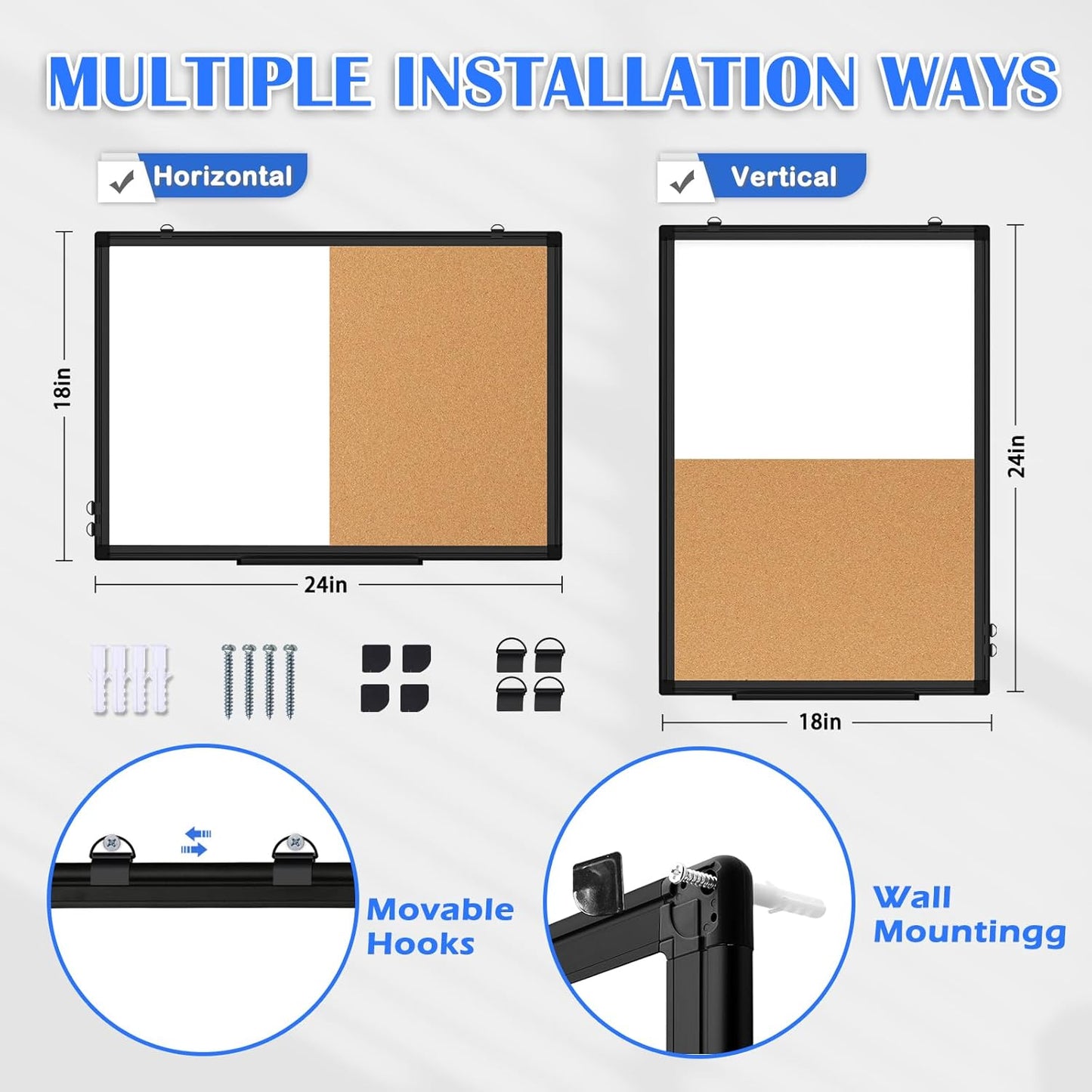 [24" x 18"] WALGLASS Dry Erase and Bulletin Boards Combo, Magnetic White Board Cork Board for Wall, Whiteboard & Corkboard Combination with Aluminum Frame, for Home, Classroom, Office
