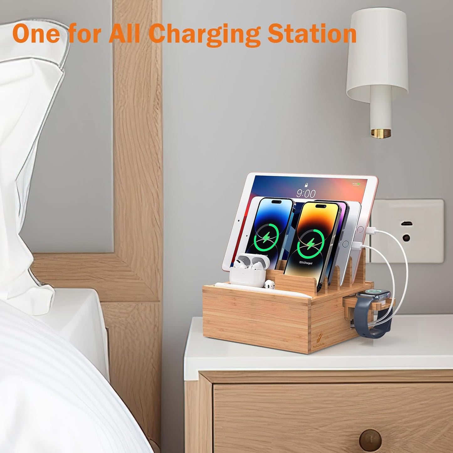 Pezin & Hulin Desktop USB Charging Station with Bamboo Charging Station, Desktop Charger Block, Compatible with Tablet, Cell Phone, Earbuds, Smartwatch