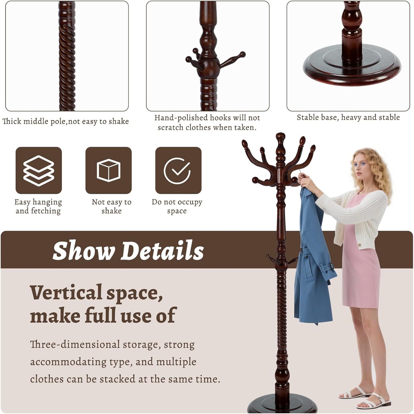 Wooden Coat Rack Freestanding with Resin Hooks, Adjustable Heavy Duty Stand for Hanging Coats, Bags, Hats, and Umbrellas in Living Room, Bedroom, Entryway (Antique color)