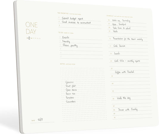 One Day, Elegant Daily Desk Planner, Gold Foiled, Minimalist Productivity Planner Pad, Time Blocking Hourly Schedule, To Do List Notepad, A4, 52 Pages, FSC™ Certified