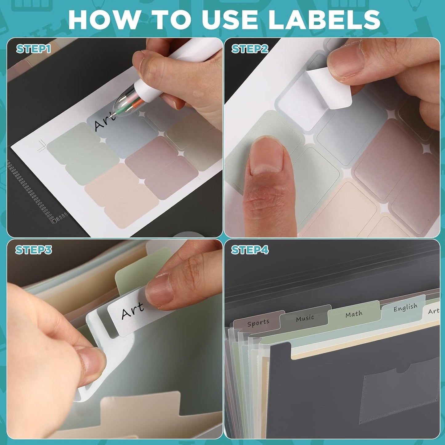 Harloon 4 Pack Expanding File Folder 7 Pocket, Expanding File Organizer with Labels, A4 Letter Size Folders with Pocket for Documents Office Travel Portable(Classic Color)