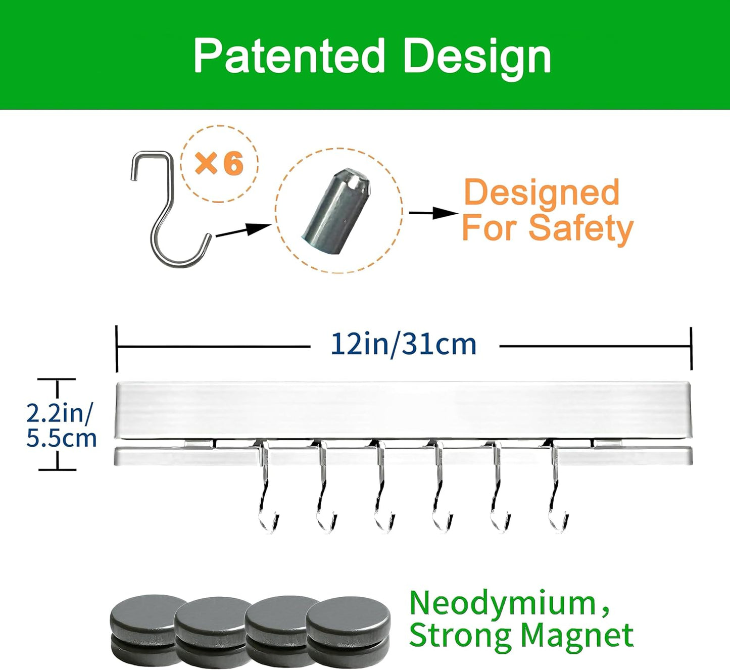 YIIYIIN 12 Inch Magnetic Knife Holder for Wall No Drill,Adhesive Knife Magnetic Strip with 6 Hooks,Kitchen Double Rods Stainless Steel Magnetic Utensil Holder(Silver)