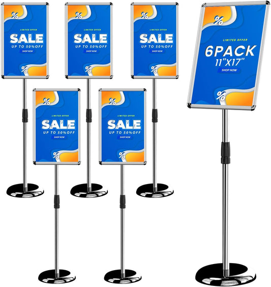 Adjustable Pedestal Poster Stand Holder - Standing Floor Sign Stand, 11x17 Inch Sign Stand Poster Frame Sign Holder for Vertical and Horizontal View, Outdoor Indoor Display, Silver (6 Pack)