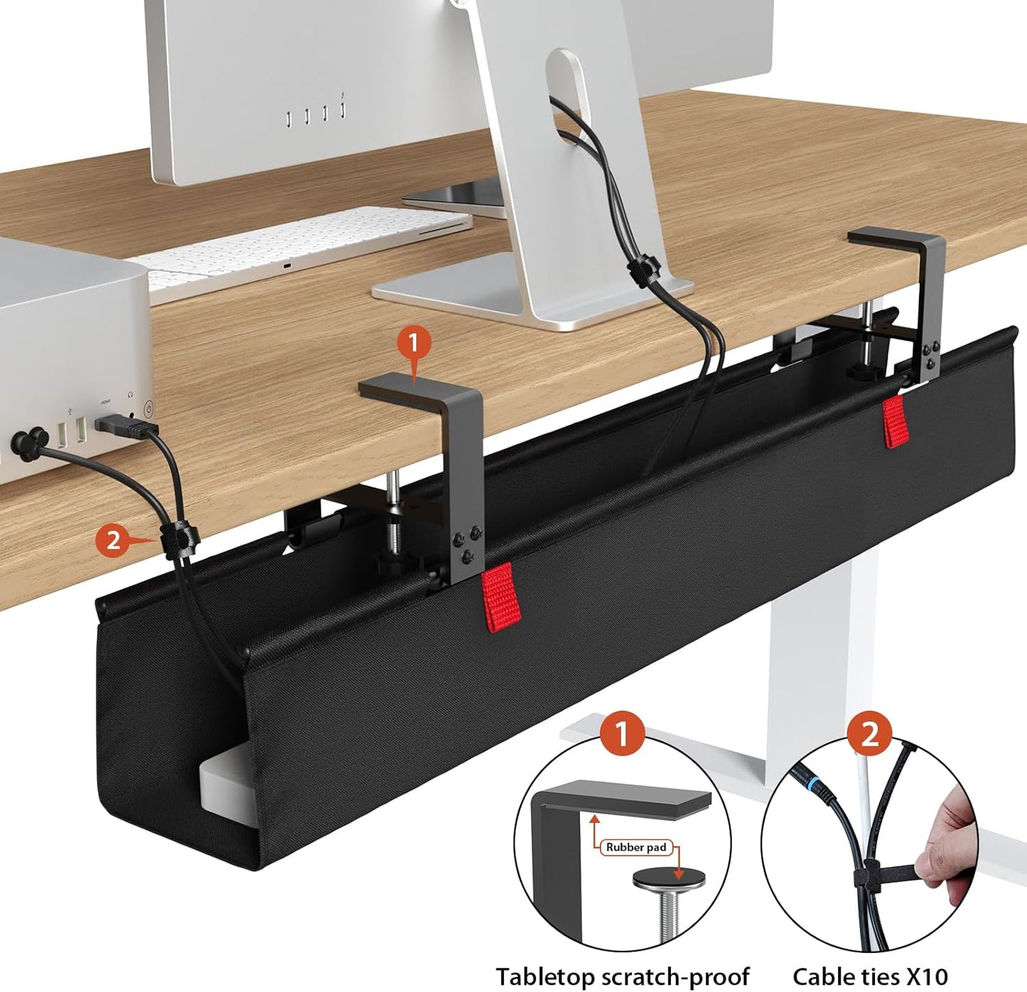 Univivi No Drill Under Desk Cable Management Tray, 36" Cord Organizer for Table, Clamp/Screw Mount Desk Cable Management, Premium Fabric Cable Management Tray for Office, Home