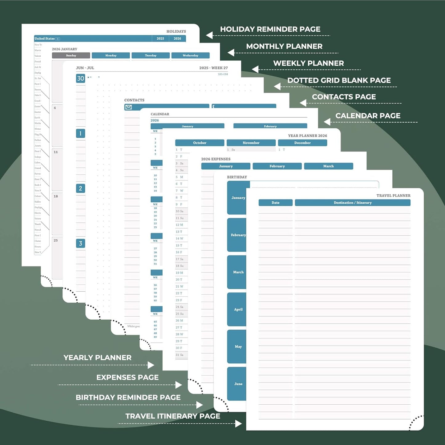 Planner 2026 Daily Weekly and Monthly,8.5"x6.5",12 Months Spiral Bound Calendar Agenda with Self-adhesive Pen Holder,2026 Appointment Book with Vegan Leather Soft Cover,Green