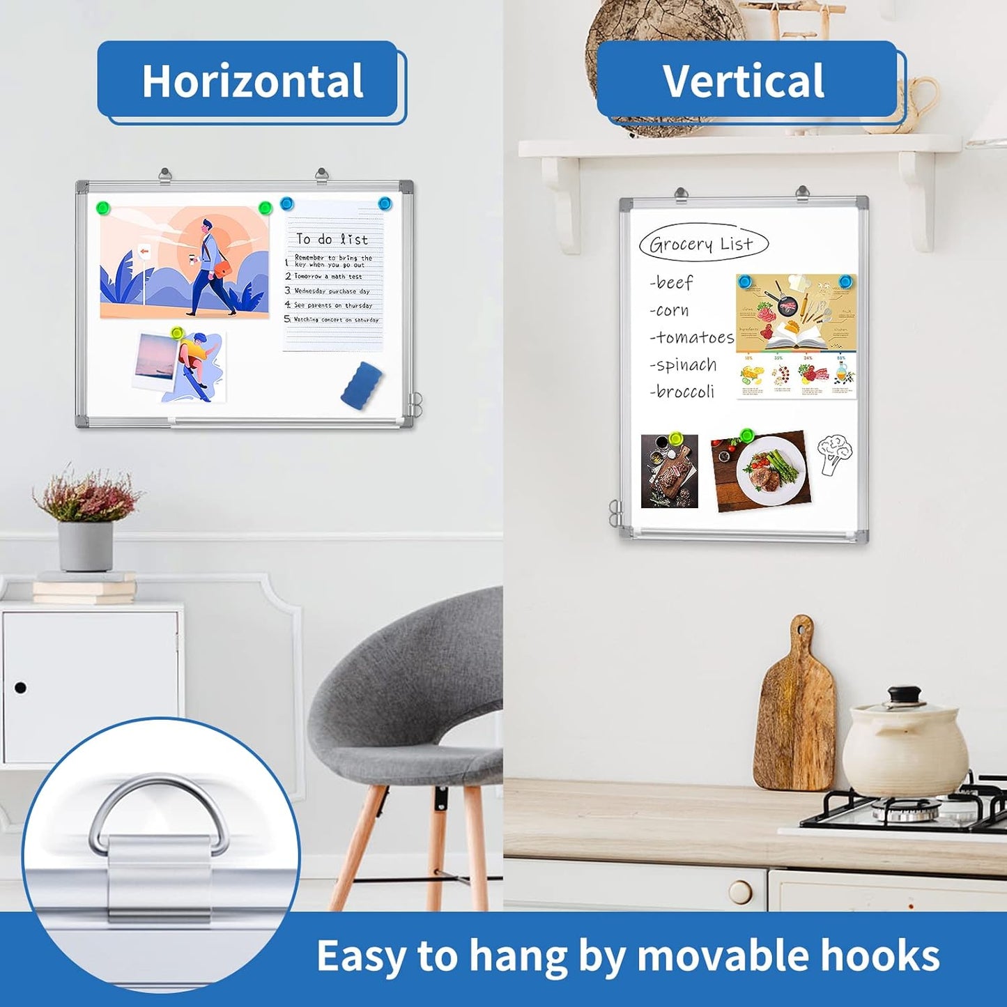 White Board Dry Erase, 24 x 18 inch Magnetic Dry Erase Board Whiteboard for Wall, Aluminum Frame Hanging Whiteboard Marker Board Writing Board for Home Classroom Office