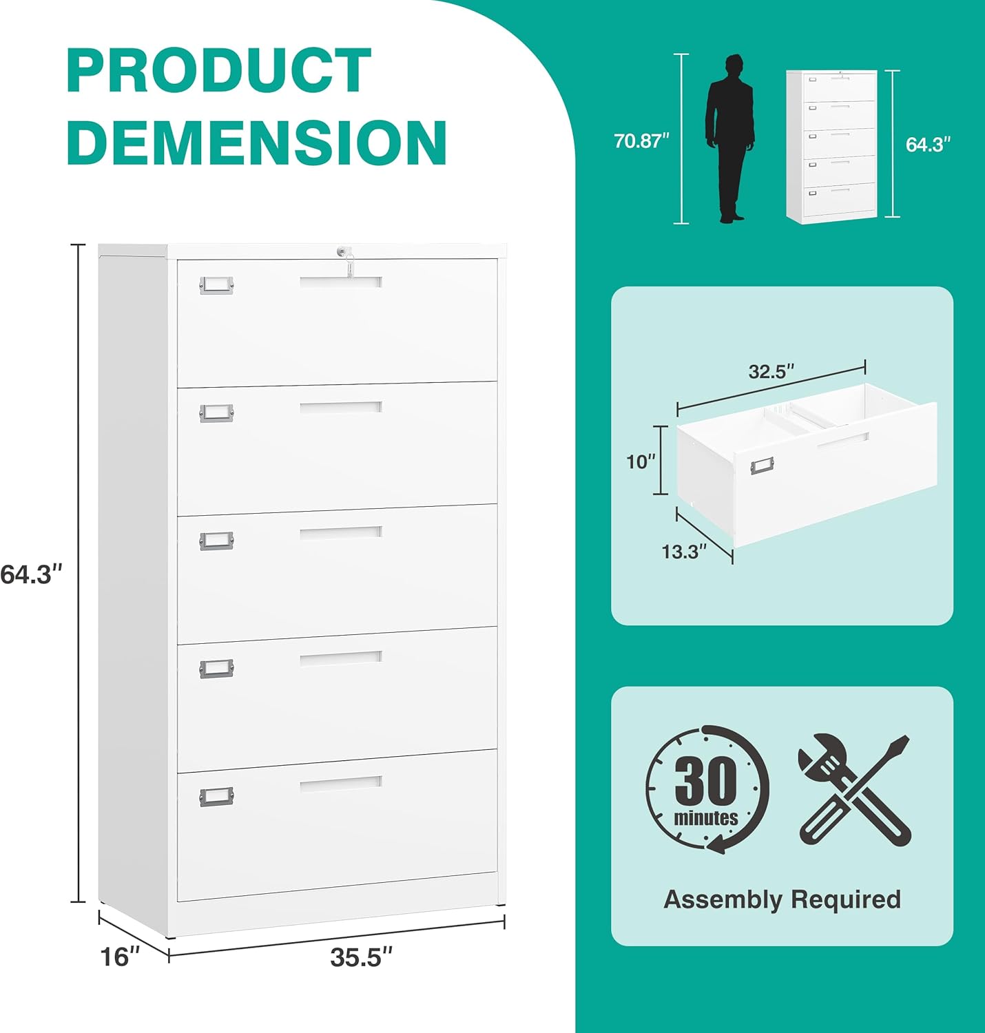 SISESOL 5 Drawer Lateral File Cabinet with Lock,White Lateral Filing Cabinet,Horizontal Metal Filing Cabinets,Large Locked Wide Five Drawer File Cabinets for Office Home,Fit A4/F4/Letter/Legal File