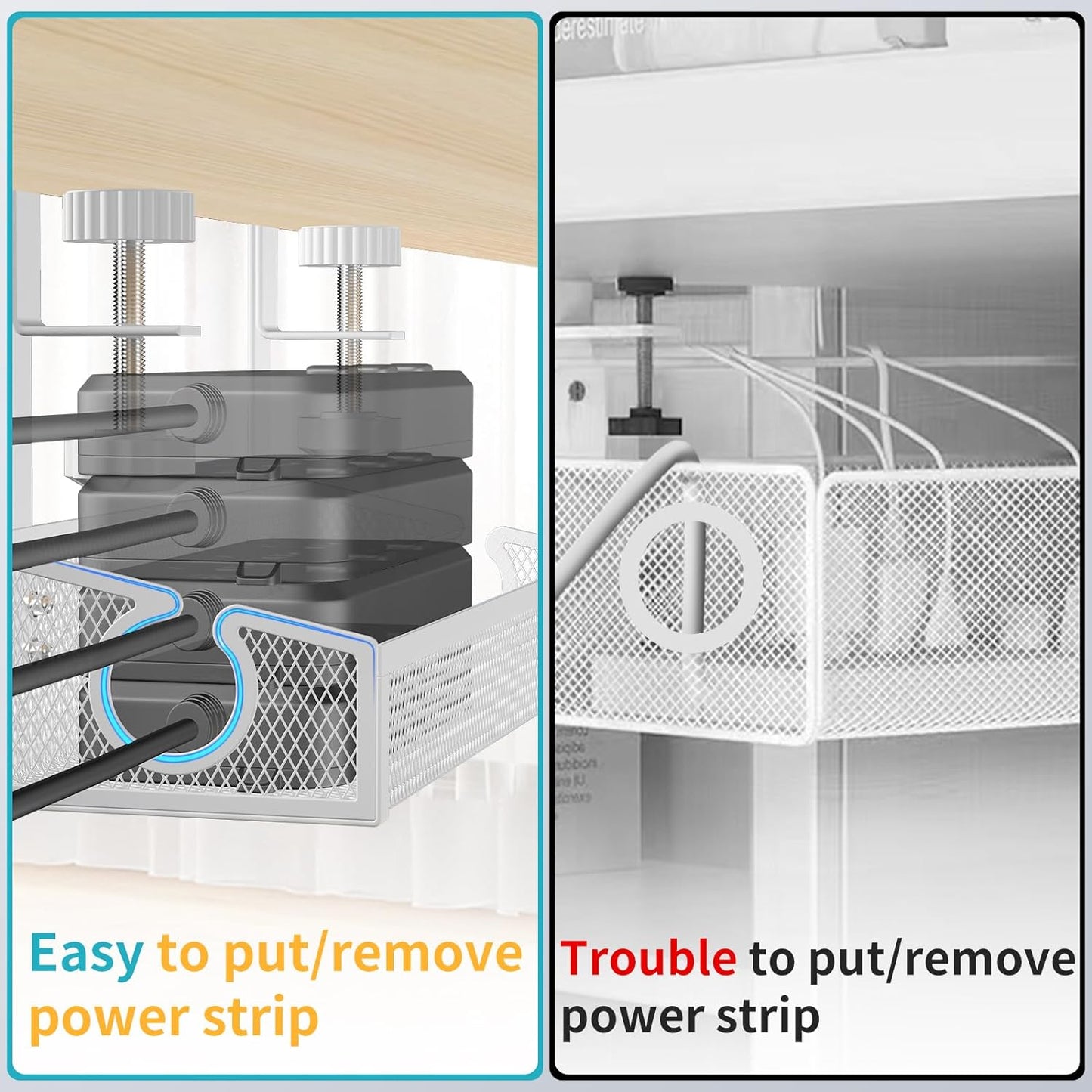 Under Desk Cable Management Tray White, No Drill Desk Cable Management Organizer with Clamp for Desk Wire Management, Desk PC Cord Organizer Accessories & Workspace Organizers for Office, Home(2 Pack)